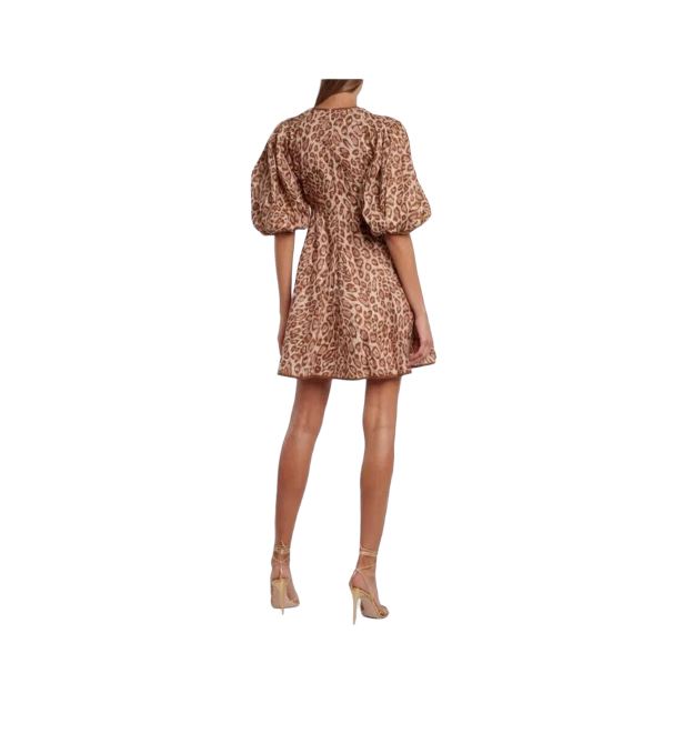 Zimmermann Concert Day Mini Dress | Pink Leopard Print, Puff Sleeves, Linen