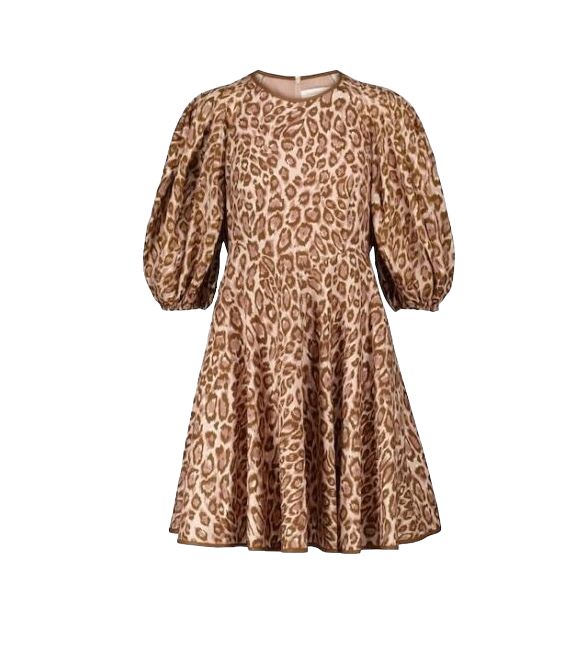 Zimmermann Concert Day Mini Dress | Pink Leopard Print, Puff Sleeves, Linen