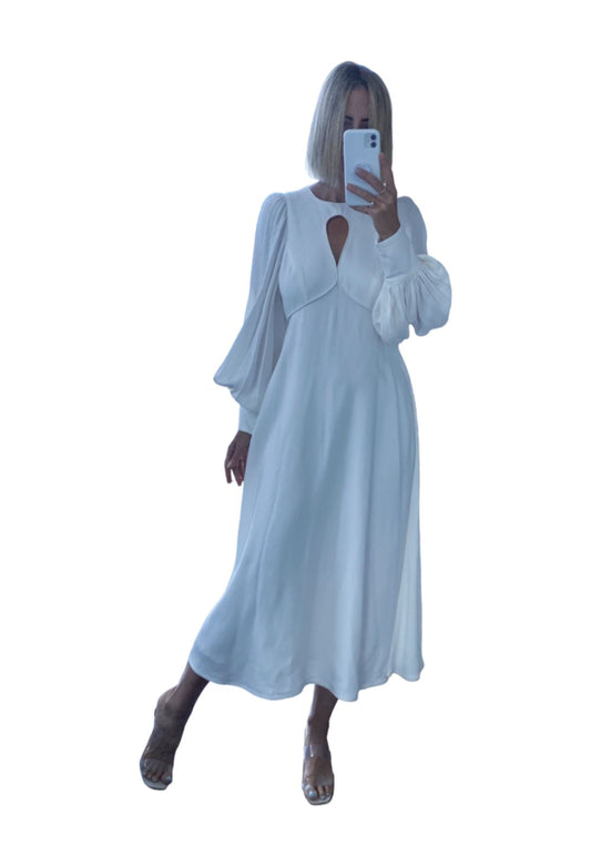 Zimmermann Keyhole Midi Dress, Cream |Viscose, Puff Sleeves, Cutout, Off White