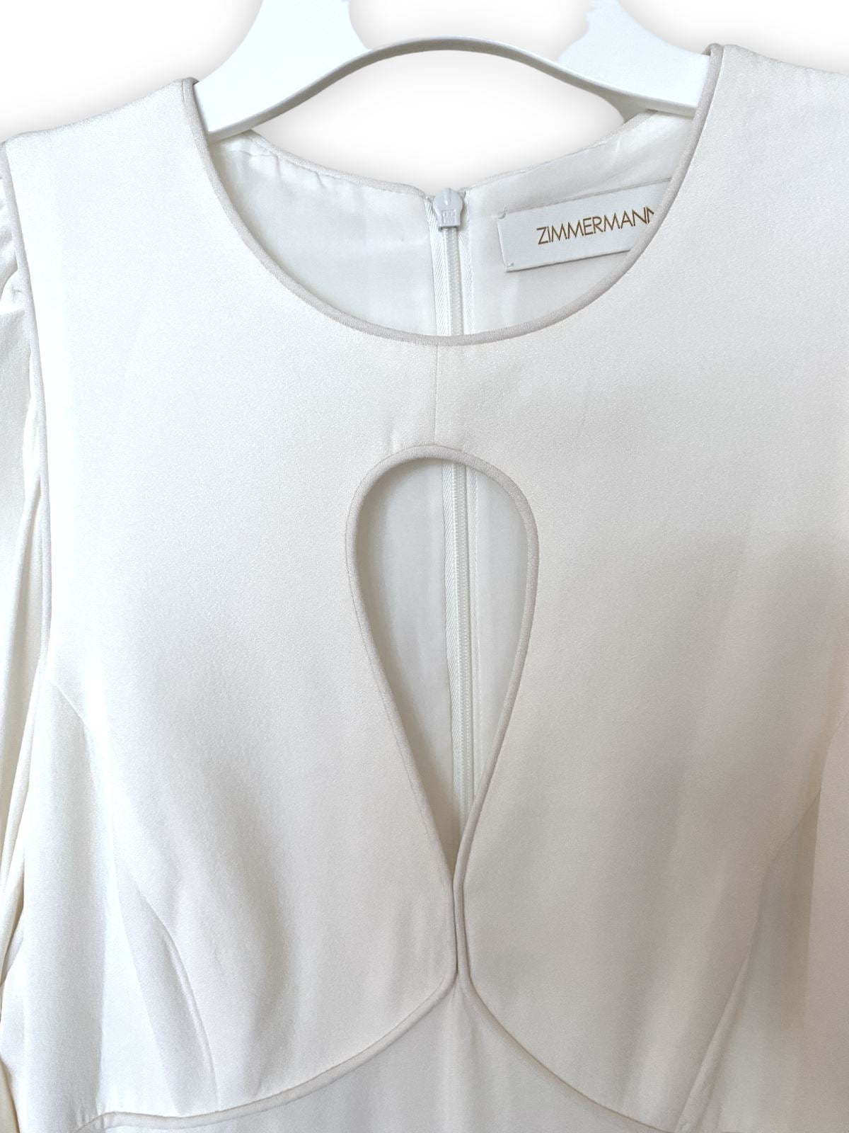 Zimmermann Keyhole Midi Dress, Cream |Viscose, Puff Sleeves, Cutout, Off White