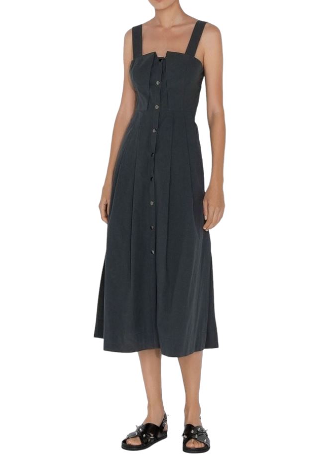 Cue Midi Dress | Snap Buttons Front, Size 6, 100% cotton, Dark Grey / Gunmetal