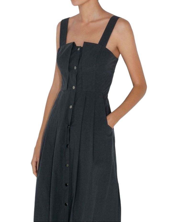 Cue Midi Dress | Snap Buttons Front, Size 6, 100% cotton, Dark Grey / Gunmetal