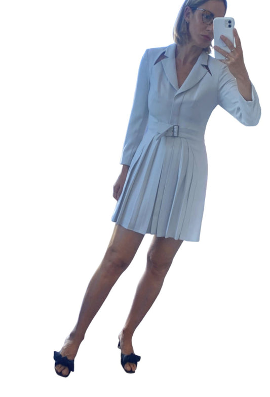 CUE Cut-Out Blazer Dress | Light Grey, Jacket, Shoulder Pads,  Pleated, Belted