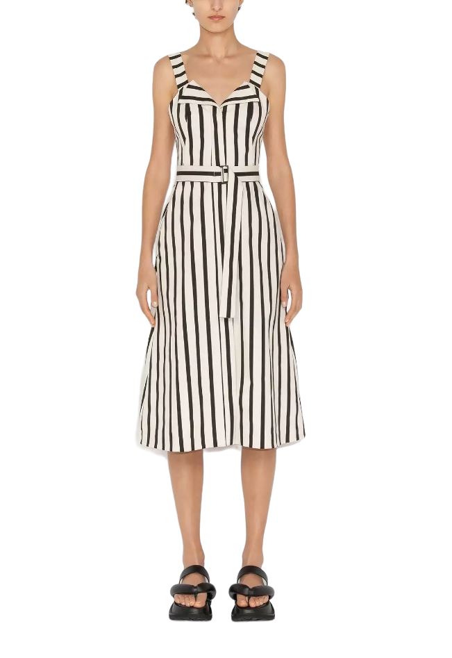 CUE Black and White Striped Cotton Midi Dress | Stretch, Belted, Collar, Zipper