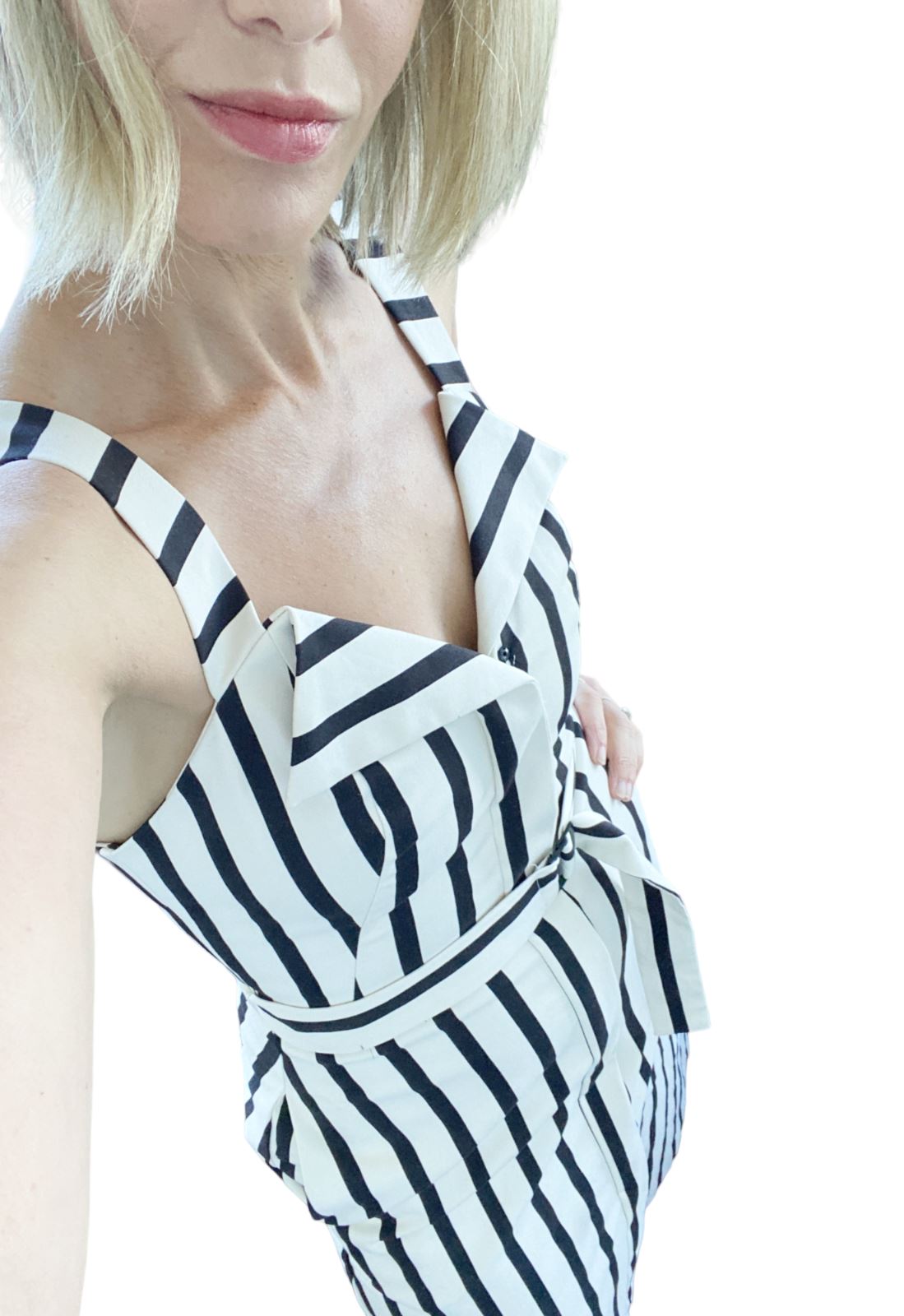 CUE Black and White Striped Cotton Midi Dress | Stretch, Belted, Collar, Zipper