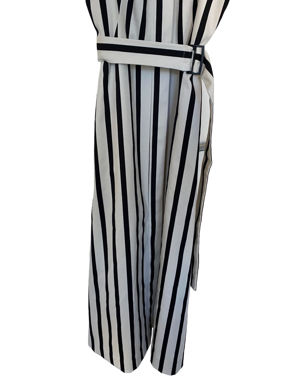 CUE Black and White Striped Cotton Midi Dress | Stretch, Belted, Collar, Zipper