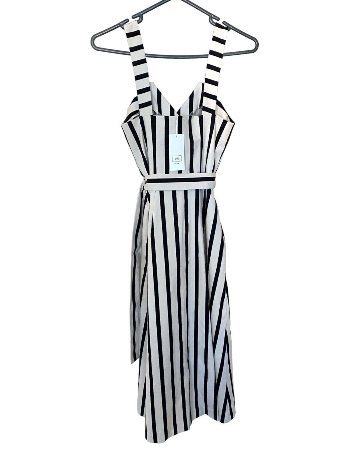 CUE Black and White Striped Cotton Midi Dress | Stretch, Belted, Collar, Zipper