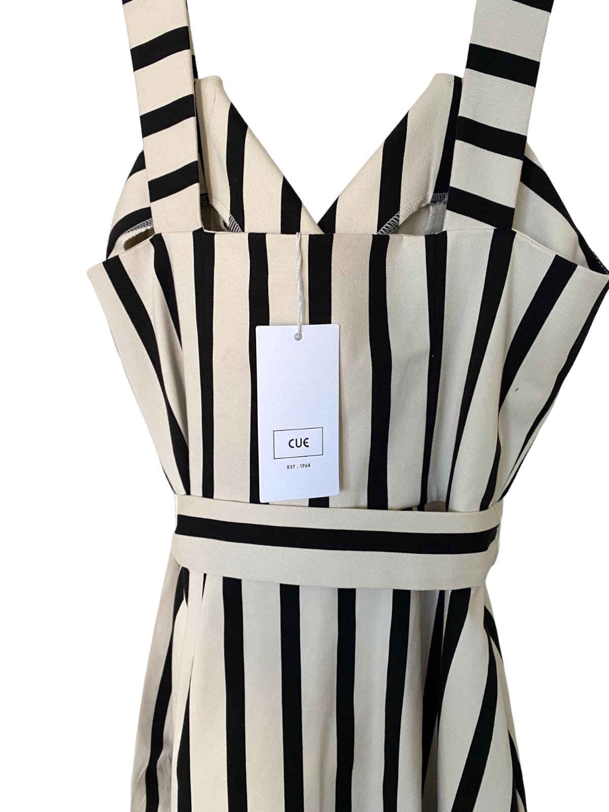 CUE Black and White Striped Cotton Midi Dress | Stretch, Belted, Collar, Zipper