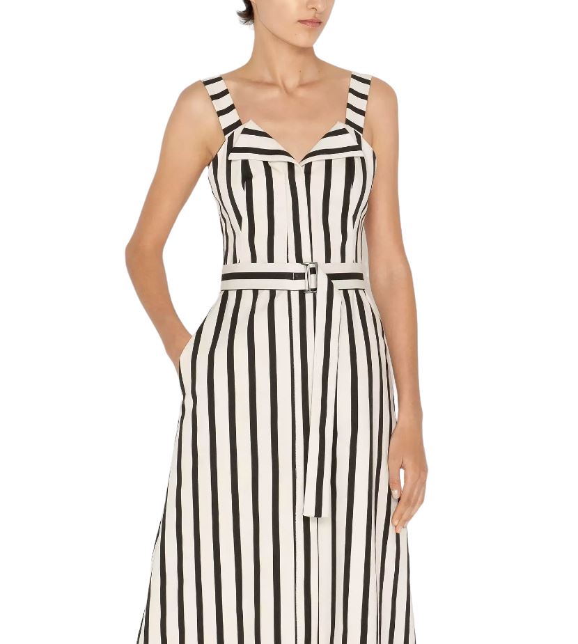 CUE Black and White Striped Cotton Midi Dress | Stretch, Belted, Collar, Zipper