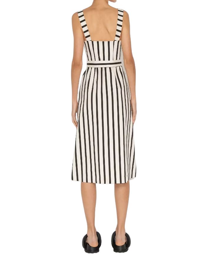 CUE Black and White Striped Cotton Midi Dress | Stretch, Belted, Collar, Zipper