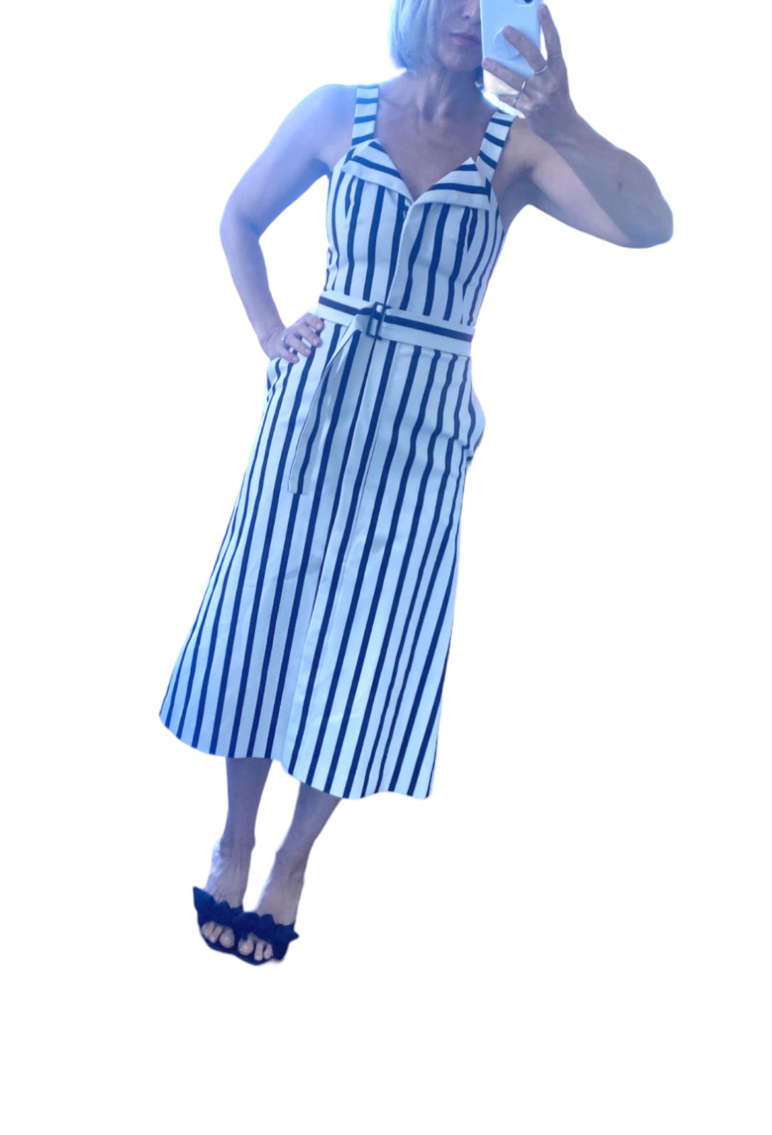 CUE Black and White Striped Cotton Midi Dress | Stretch, Belted, Collar, Zipper