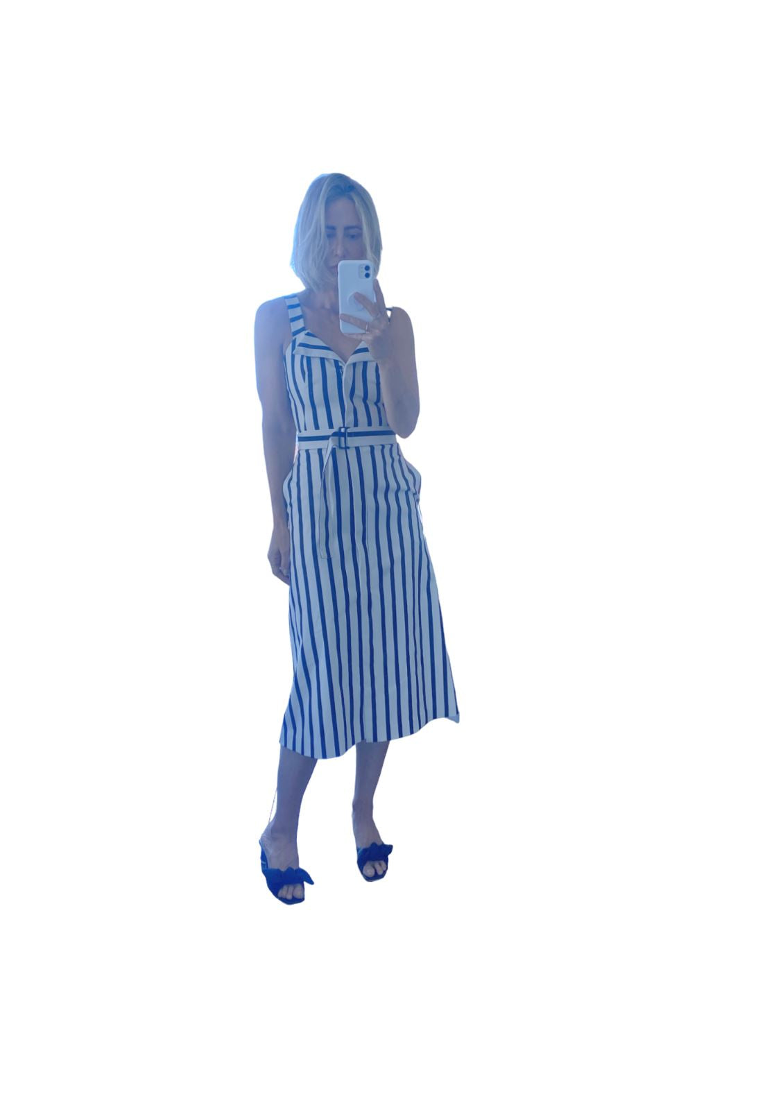 CUE Black and White Striped Cotton Midi Dress | Stretch, Belted, Collar, Zipper