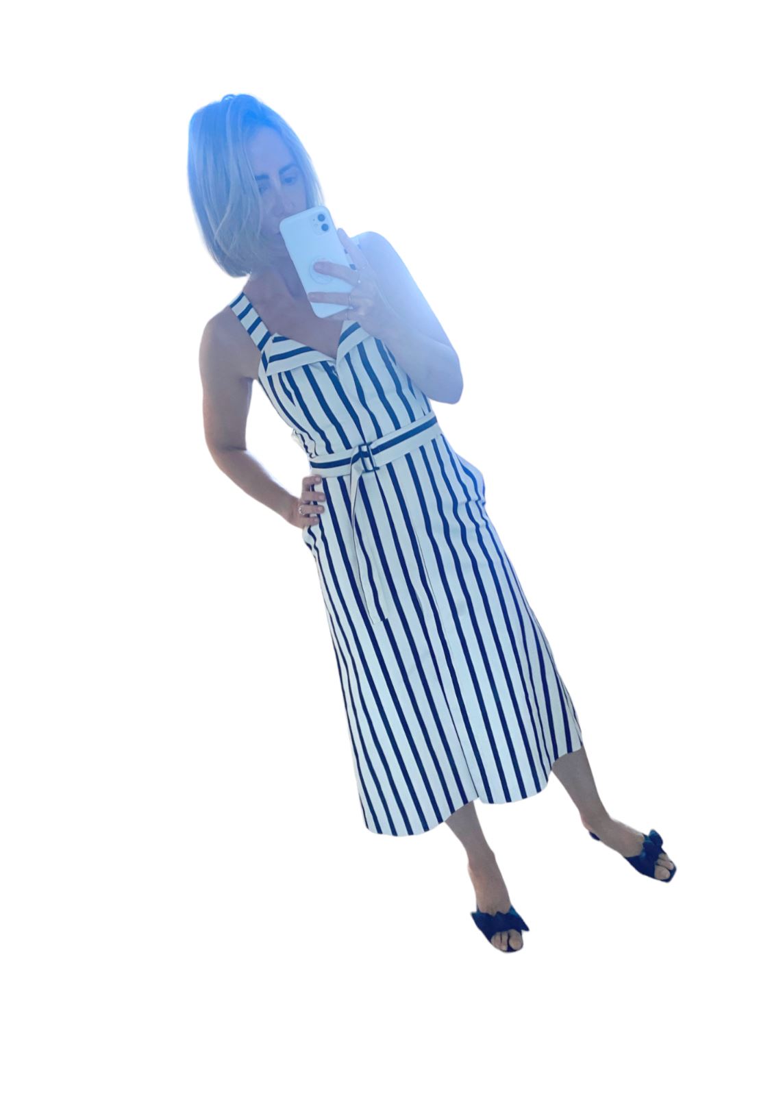 CUE Black and White Striped Cotton Midi Dress | Stretch, Belted, Collar, Zipper