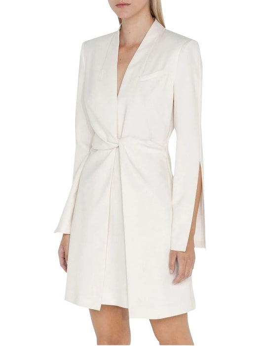 CUE Twist front Blazer Dress | Ivory/White, Split Sleeve, Shoulder Pads, Stretch