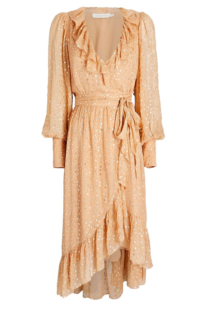 Zimmermann Lurex Wrap Midi Dress | Chiffon, Sheer, Lined, Dolman, Caramel / Gold