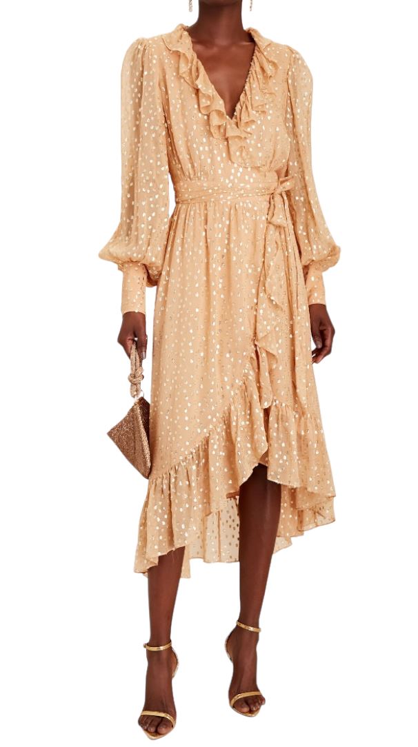 Zimmermann Lurex Wrap Midi Dress | Chiffon, Sheer, Lined, Dolman, Caramel / Gold