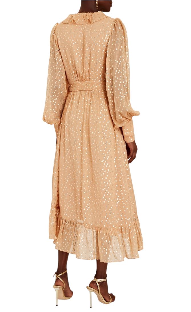 Zimmermann Lurex Wrap Midi Dress | Chiffon, Sheer, Lined, Dolman, Caramel / Gold