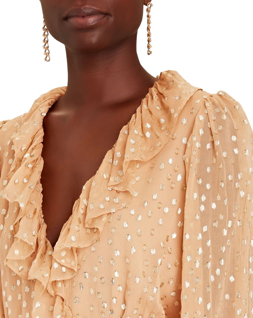 Zimmermann Lurex Wrap Midi Dress | Chiffon, Sheer, Lined, Dolman, Caramel / Gold