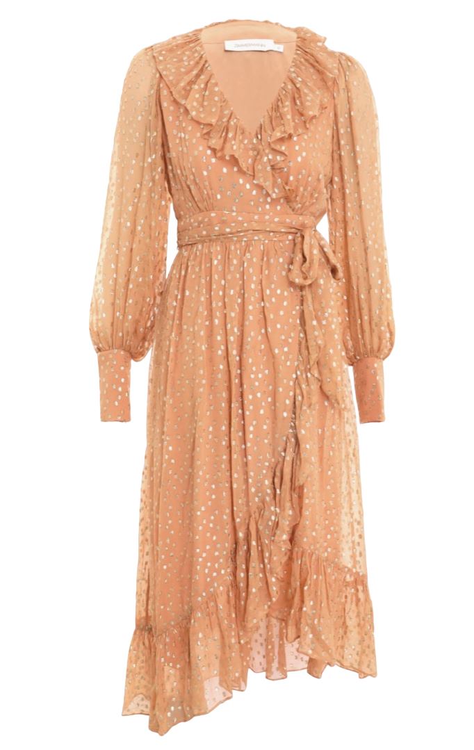 Zimmermann Lurex Wrap Midi Dress | Chiffon, Sheer, Lined, Dolman, Caramel / Gold