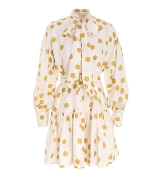 Zimmermann Celestial Confetti Mini Dress | Polka Dot, Silk, Pussy Bow, Belted