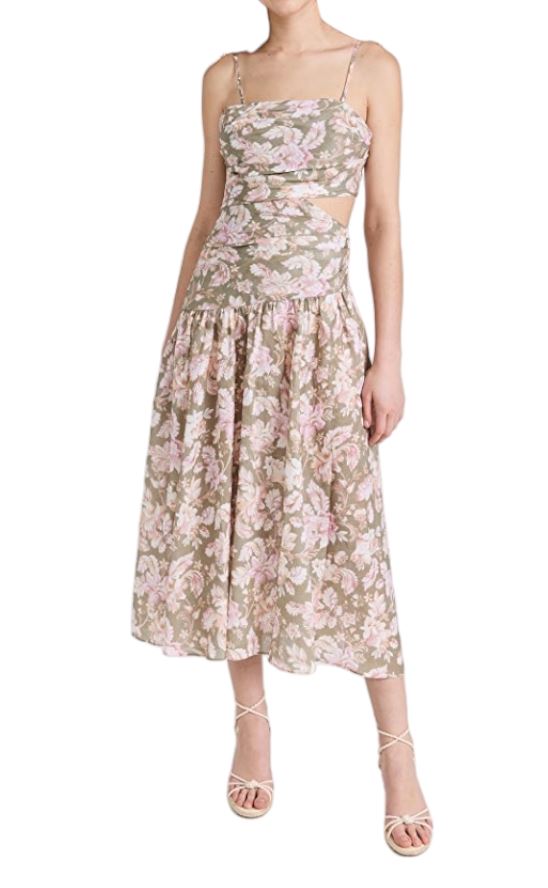 Zimmermann Lyre Wrap Tie Side Midi Dress | Cut Out Waist, Removable Straps