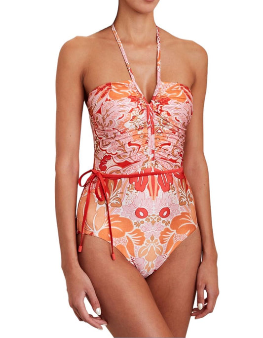 Zimmermann Violet Ruched Halter One Piece | Coral Floral, Waist Tie, Pink, Red