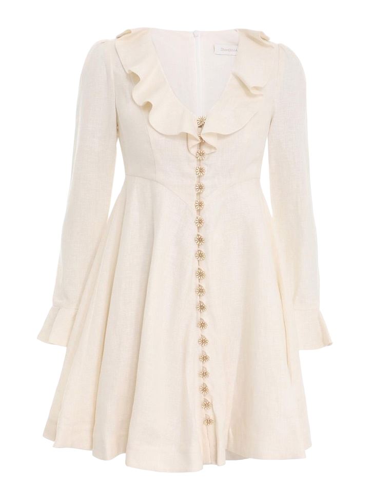 Zimmermann Daisy Mini Dress | Linen, Cream, Applique Daisy Buttons, Neck Frill