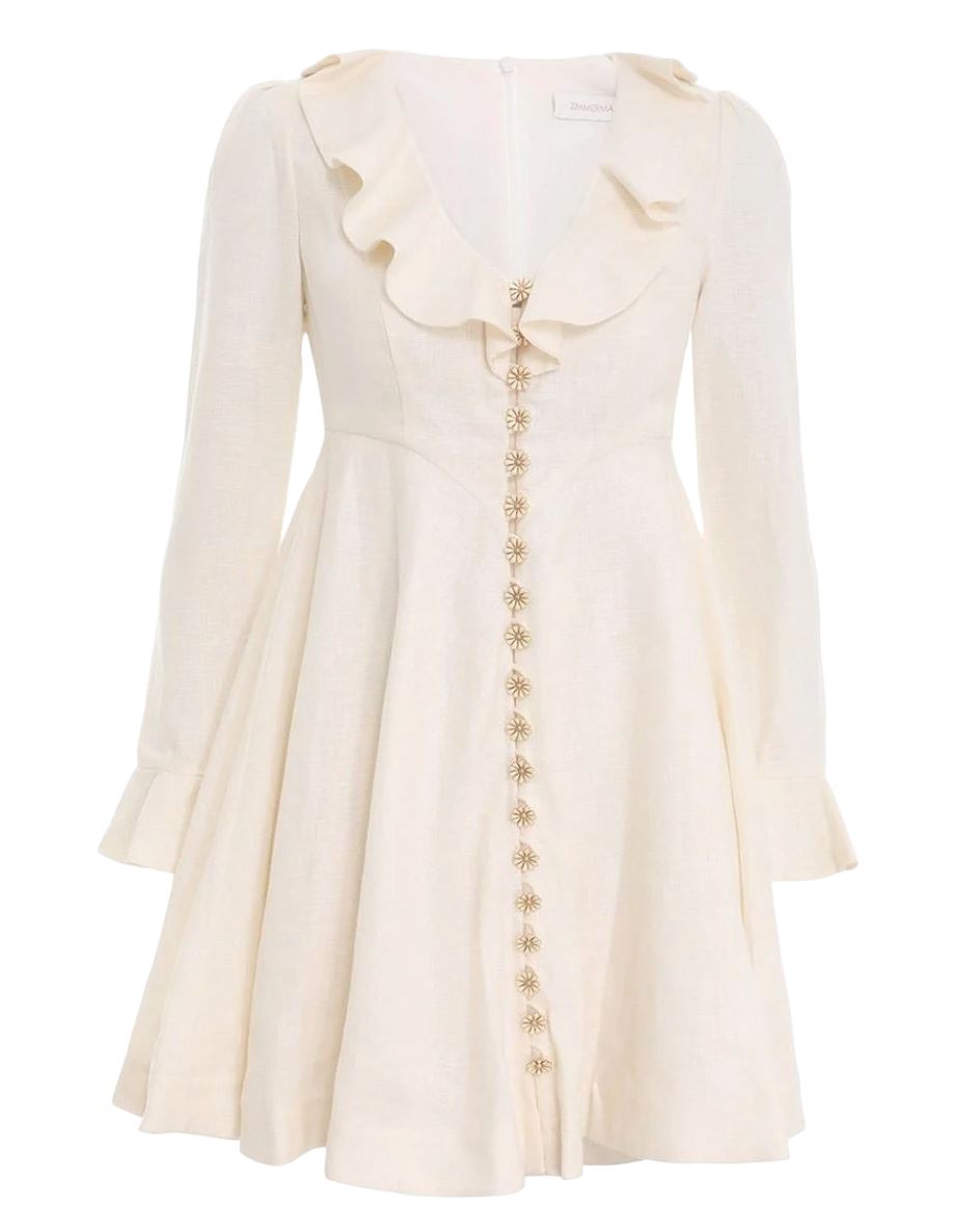 Zimmermann Daisy Mini Dress | Linen, Cream, Applique Daisy Buttons, Neck Frill