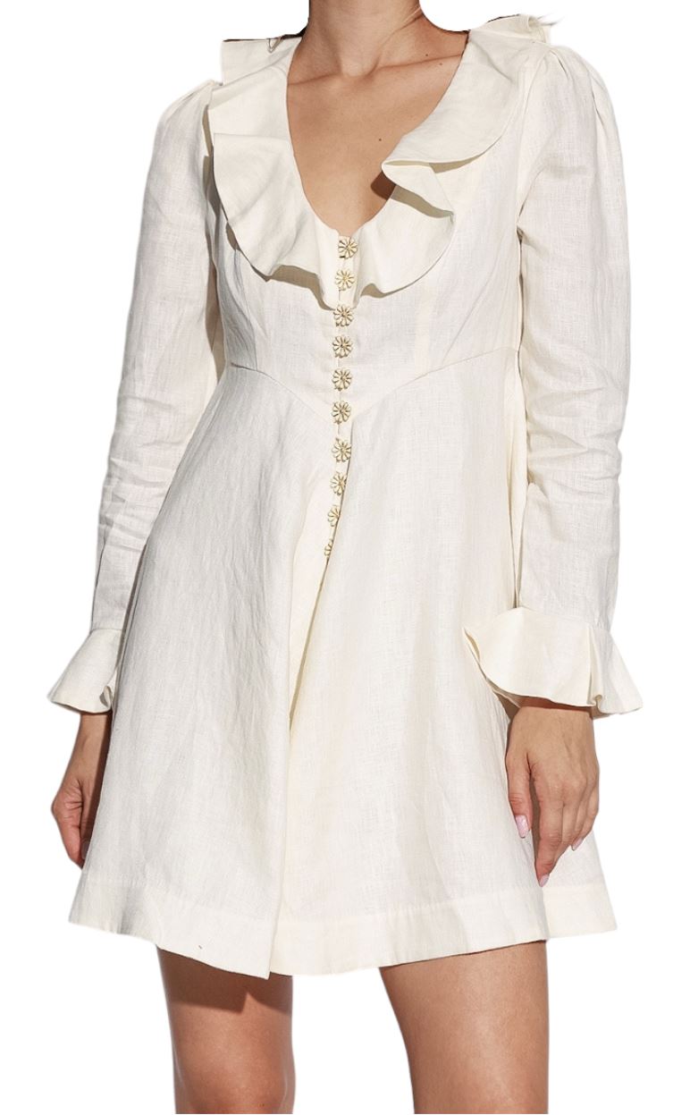 Zimmermann Daisy Mini Dress | Linen, Cream, Applique Daisy Buttons, Neck Frill