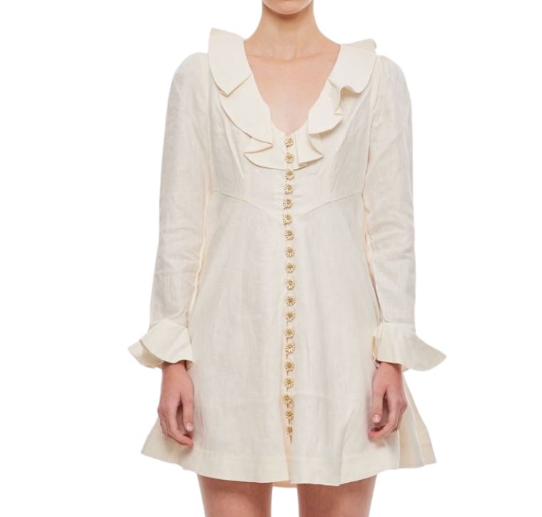 Zimmermann Daisy Mini Dress | Linen, Cream, Applique Daisy Buttons, Neck Frill