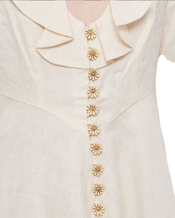 Zimmermann Daisy Mini Dress | Linen, Cream, Applique Daisy Buttons, Neck Frill
