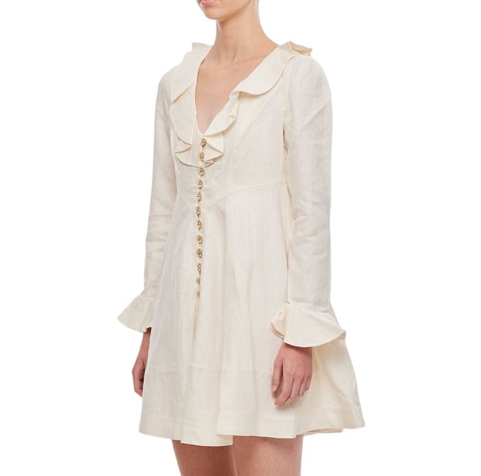 Zimmermann Daisy Mini Dress | Linen, Cream, Applique Daisy Buttons, Neck Frill