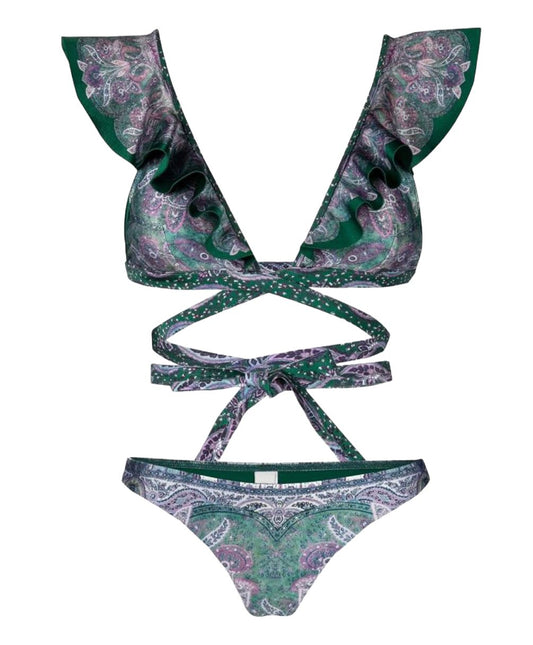 Zimmermann Anneke Wrap Ruffle Bikini | Teal Floral / Green, Low Rise Bottoms