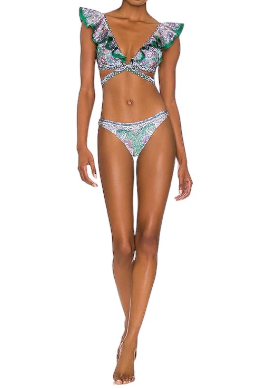 Zimmermann Anneke Wrap Ruffle Bikini | Teal Floral / Green, Low Rise Bottoms