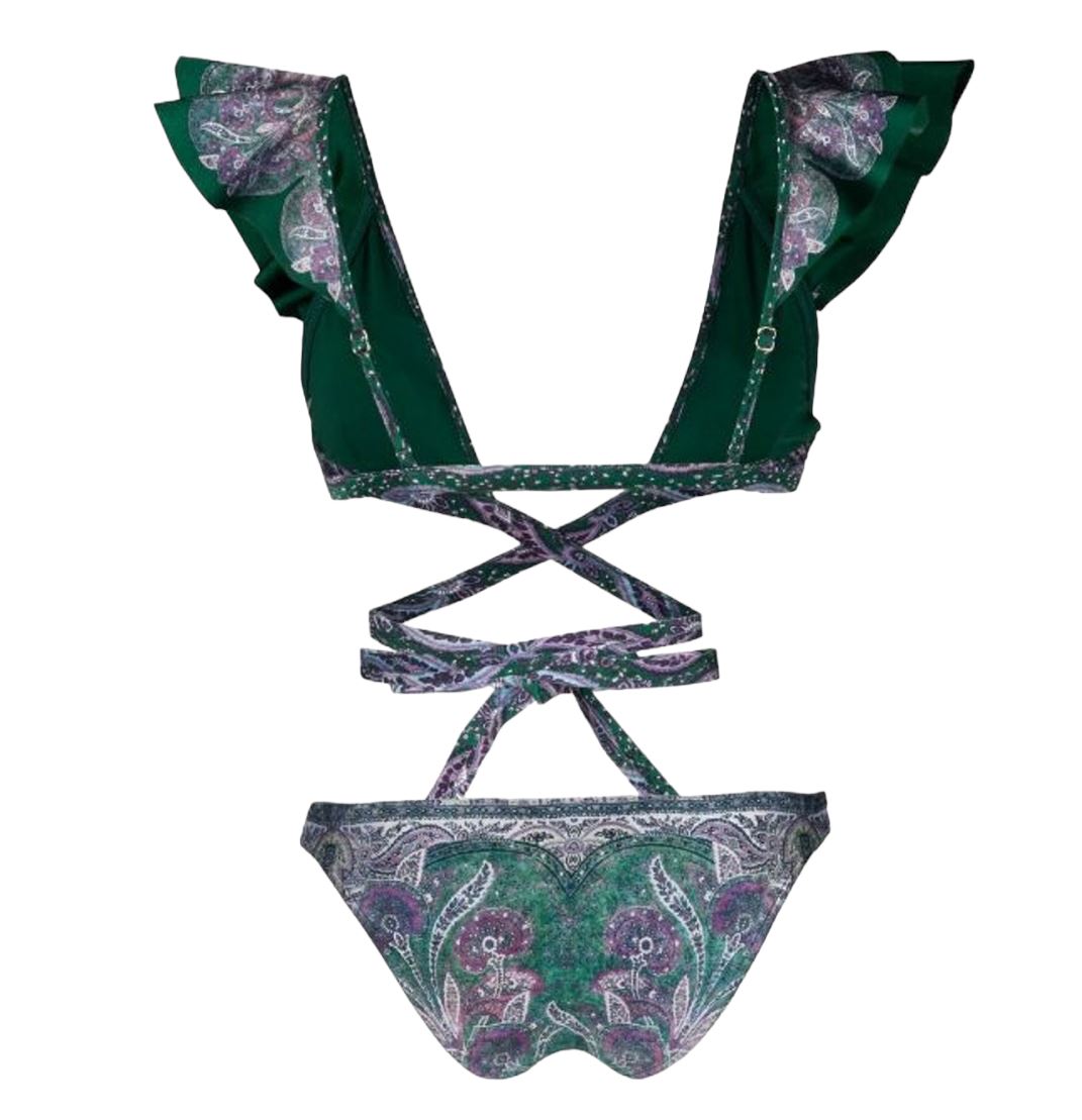 Zimmermann Anneke Wrap Ruffle Bikini | Teal Floral / Green, Low Rise Bottoms