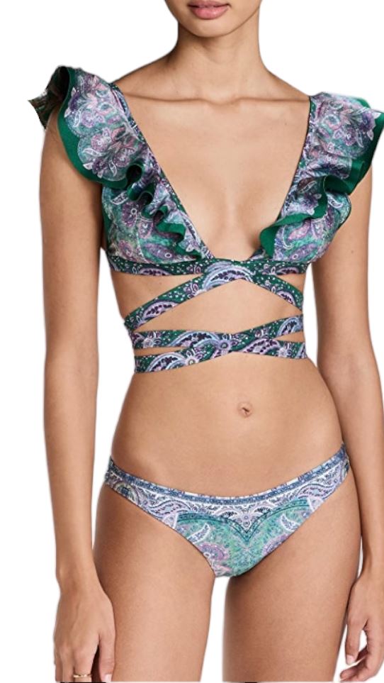 Zimmermann Anneke Wrap Ruffle Bikini | Teal Floral / Green, Low Rise Bottoms