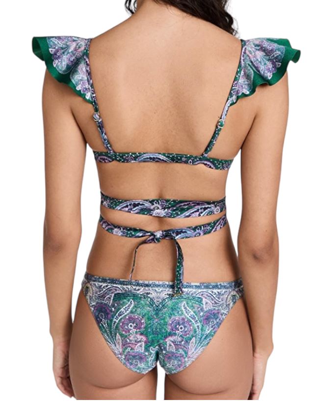 Zimmermann Anneke Wrap Ruffle Bikini | Teal Floral / Green, Low Rise Bottoms