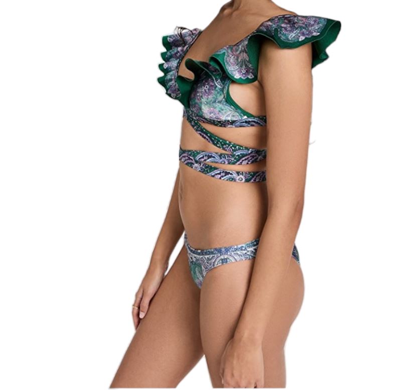 Zimmermann Anneke Wrap Ruffle Bikini | Teal Floral / Green, Low Rise Bottoms