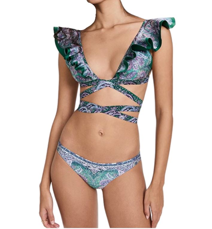 Zimmermann Anneke Wrap Ruffle Bikini | Teal Floral / Green, Low Rise Bottoms