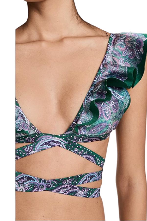 Zimmermann Anneke Wrap Ruffle Bikini | Teal Floral / Green, Low Rise Bottoms