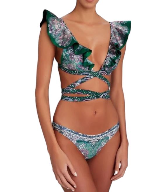 Zimmermann Anneke Wrap Ruffle Bikini | Teal Floral / Green, Low Rise Bottoms