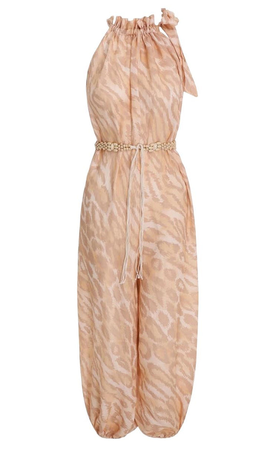 Zimmermann Violet Tie Jumpsuit | Pale Leopard Print, Tie Shoulders, Linen, Harem