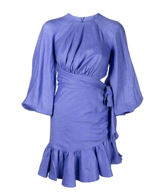 Zimmermann Lyre Wrap Billow Mini Dress | Electric Blue, Linen, Waist Cut Outs