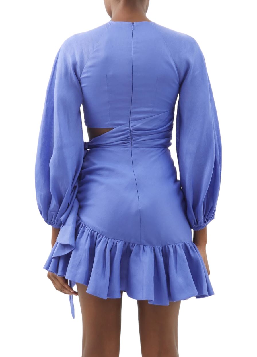 Zimmermann Lyre Wrap Billow Mini Dress | Electric Blue, Linen, Waist Cut Outs