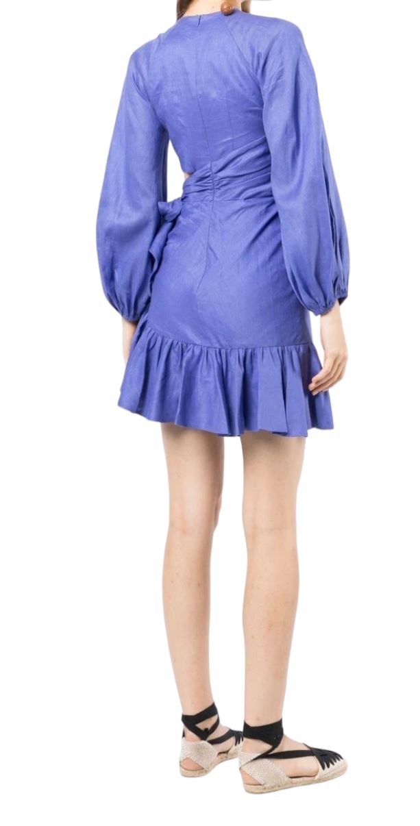 Zimmermann Lyre Wrap Billow Mini Dress | Electric Blue, Linen, Waist Cut Outs