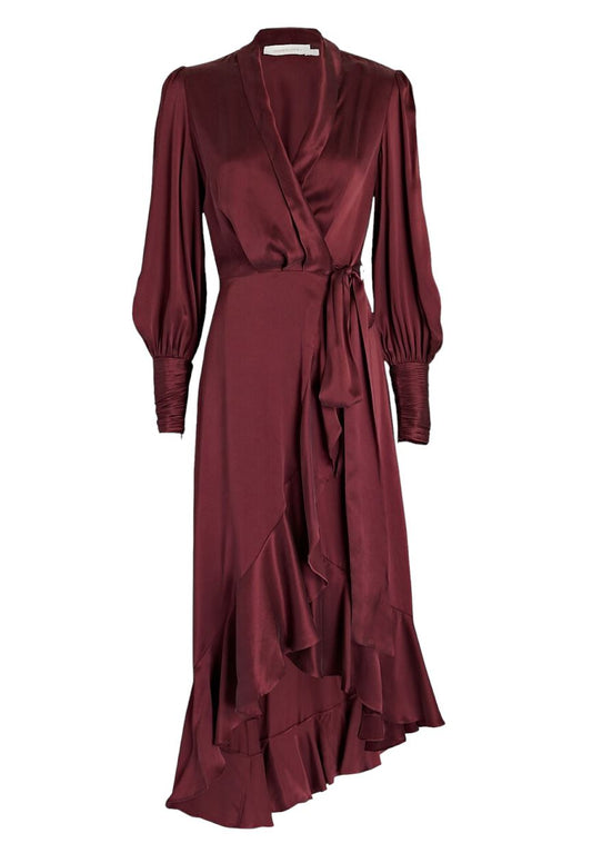Zimmermann Silk Wrap Midi Dress | Burgundy, Sueded Silk Cocktail, Dolman/Puff