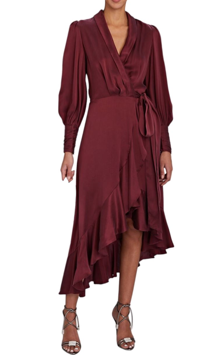 Zimmermann Silk Wrap Midi Dress | Burgundy, Sueded Silk Cocktail, Dolman/Puff