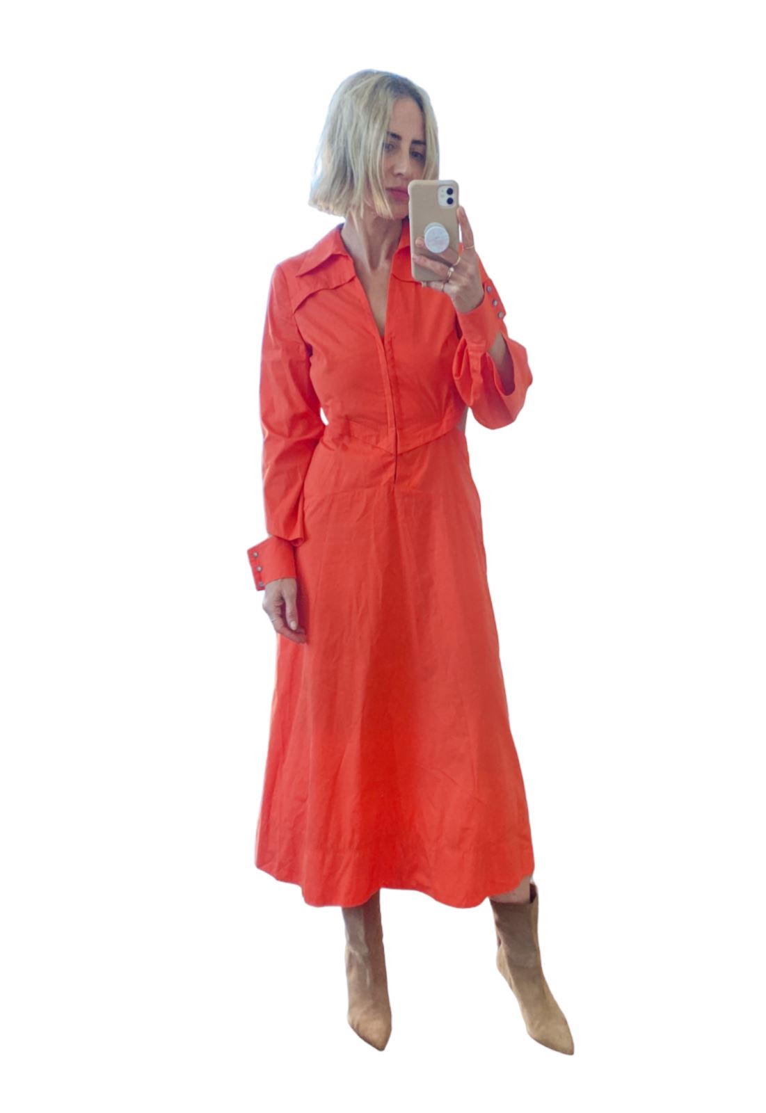 Cue Cut Out Shirt Dress | Orange, Cotton/Modal, Midi, Collared, A-Line, Cuffs