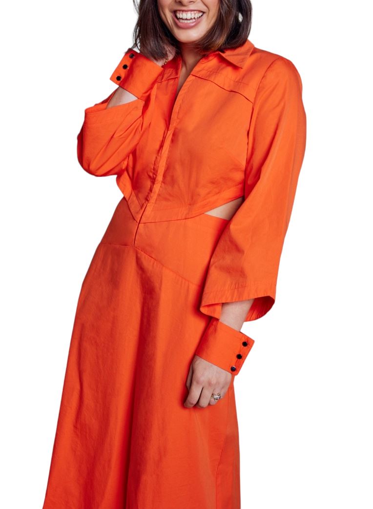 Cue Cut Out Shirt Dress | Orange, Cotton/Modal, Midi, Collared, A-Line, Cuffs