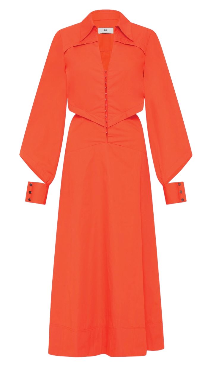 Cue Cut Out Shirt Dress | Orange, Cotton/Modal, Midi, Collared, A-Line, Cuffs